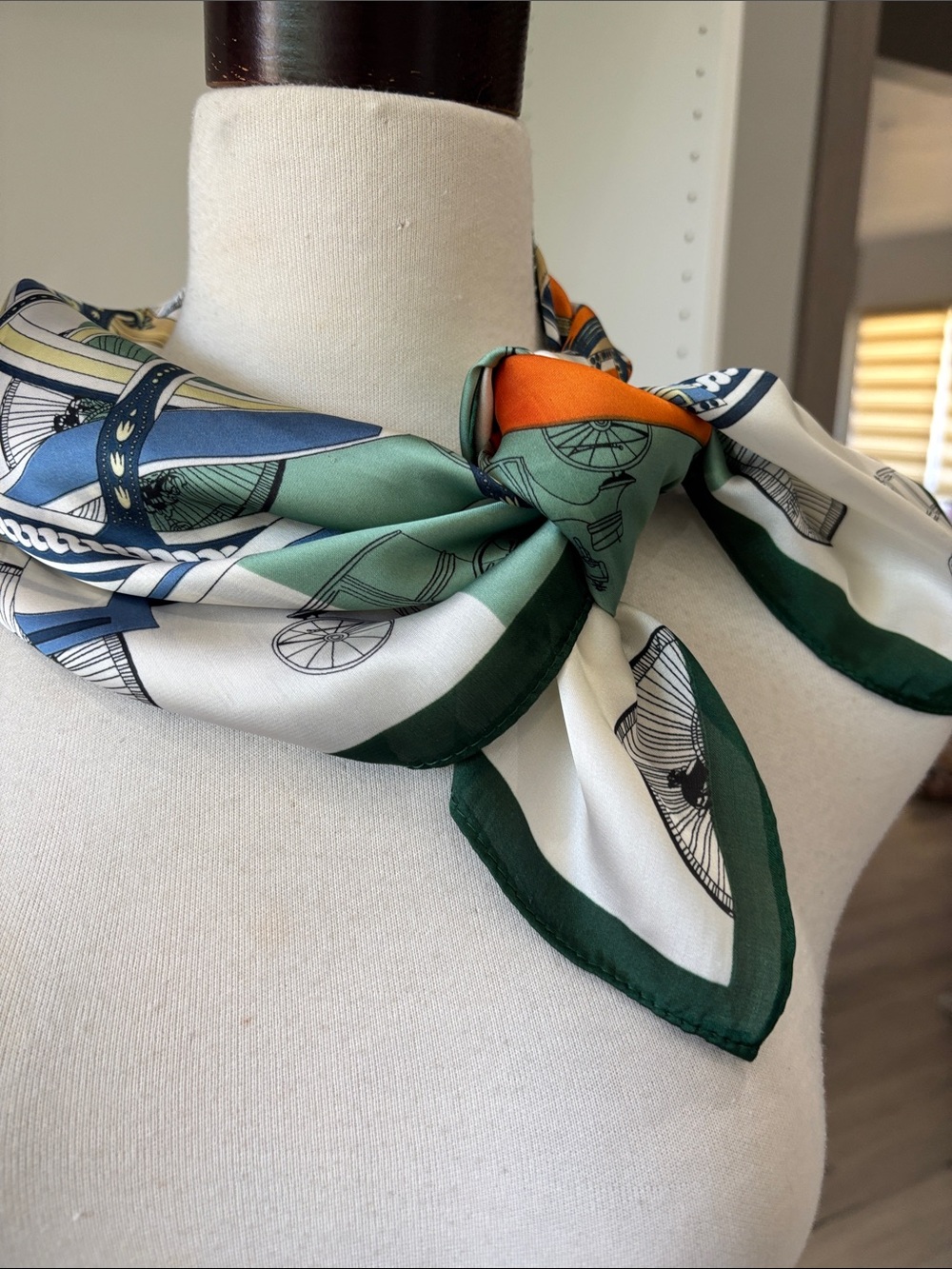 Green & White Patterned Silk-Style Neck Scarf with Orange Accent